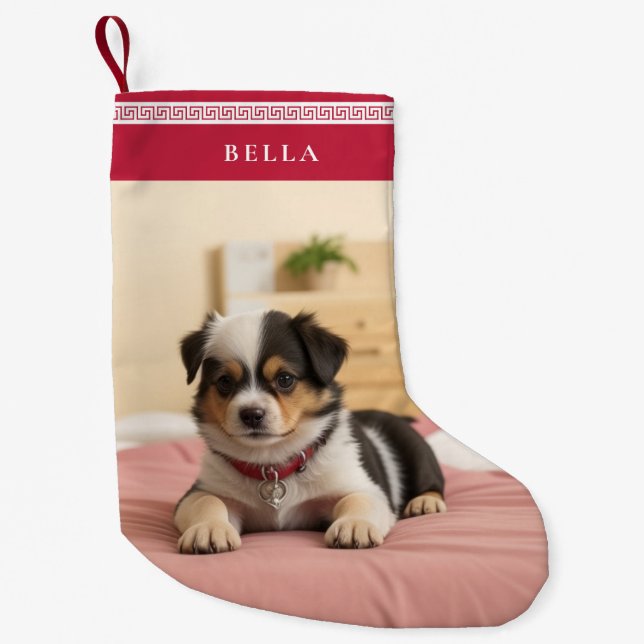Cute Christmas Custom Pet Name Photo Greek Meander Small Christmas Stocking (Front)