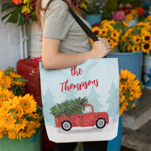 Cute Christmas Custom Red Truck Holiday Tote Bag