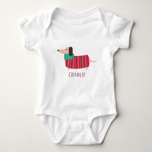 Cute Christmas Daschund Dog Personalised Name Baby Bodysuit