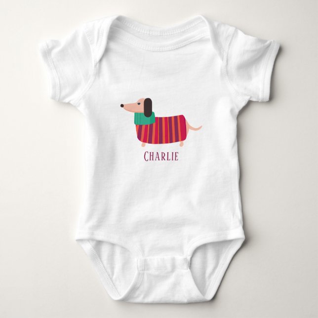 Cute Christmas Daschund Dog Personalised Name Baby Bodysuit (Front)