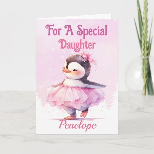 Cute Christmas Daughter Penguin Pink Ballerina Holiday Card (Front)