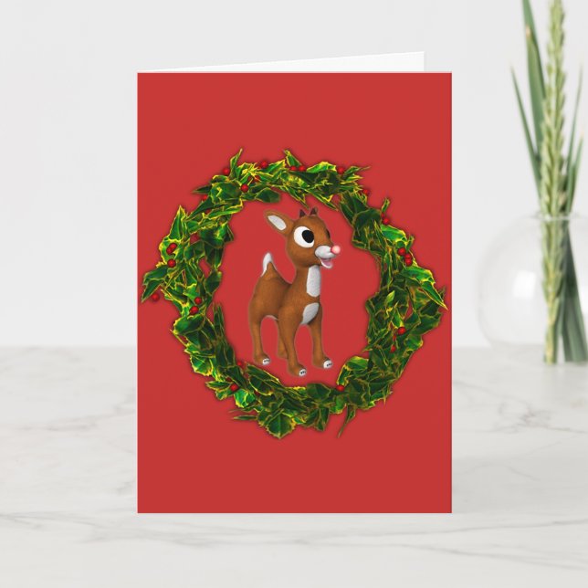 Cute Christmas Deer and Wreath Holiday Card (Front)