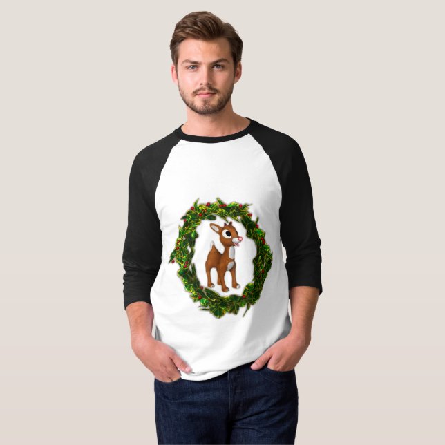 Cute Christmas Deer and Wreath T-Shirt (Front Full)