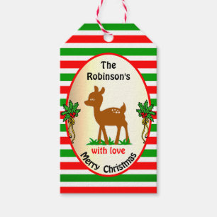 Cute Christmas Deer Calf Red and Green Stripes Gift Tags