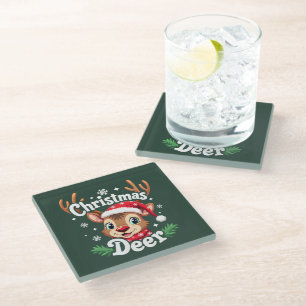 Cute Christmas Deer Illustration Glass Coaster