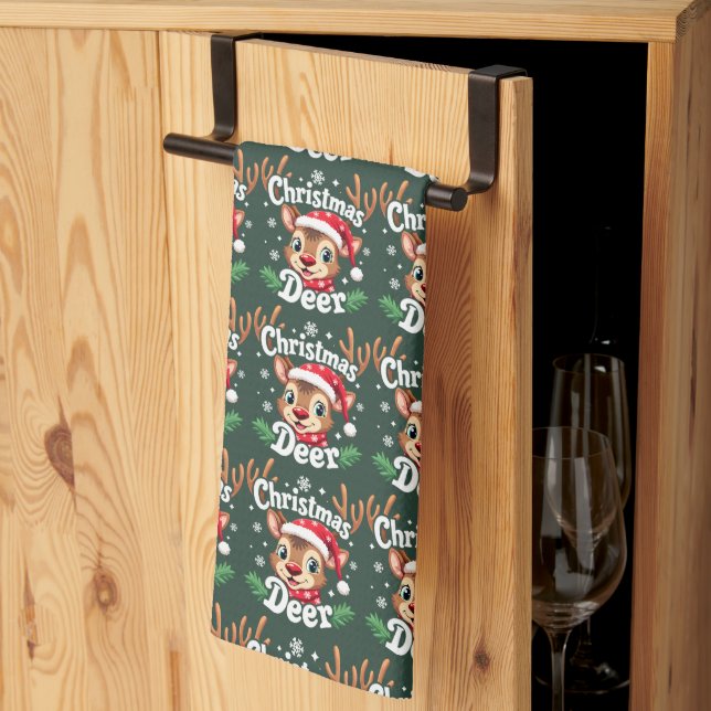 Cute Christmas Deer Illustration Tea Towel (Thirds Fold)