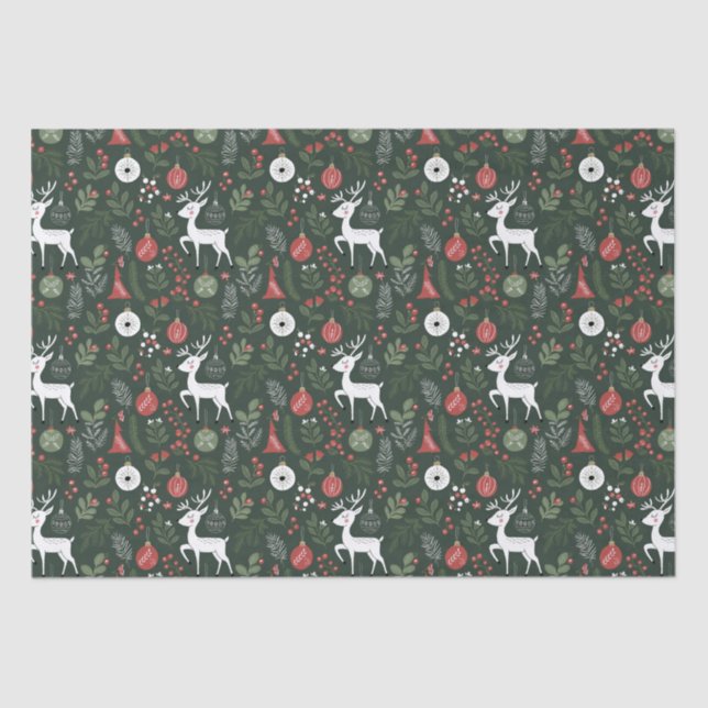 Cute Christmas Deer In Forest Tree Red Green  Tissue Paper (Front)