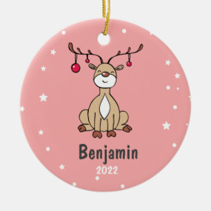 Cute Christmas Deer Kids Personalised  Ceramic Ornament