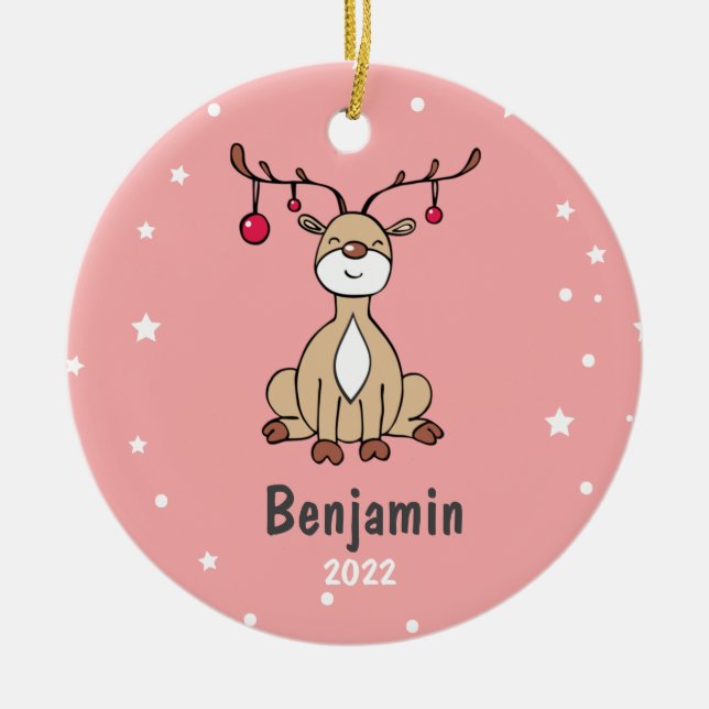 Cute Christmas Deer Kids Personalised  Ceramic Ornament (Front)