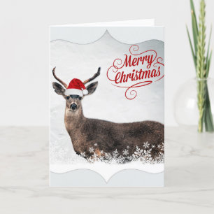 Cute Christmas Deer Wearing Santa Hat Holiday Card