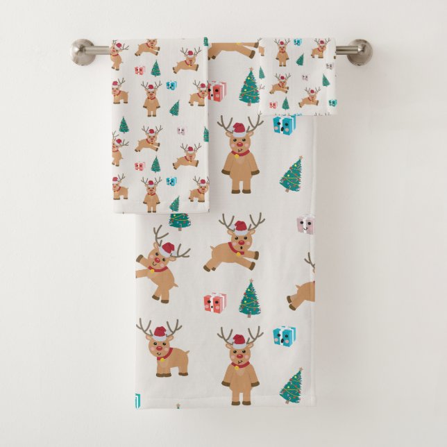 Cute Christmas Deer Xmas Gifts & Tree Pattern Bath Towel Set (Insitu)