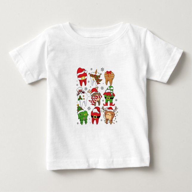 Cute Christmas Dental Tooth Characters Fun Holiday Baby T-Shirt (Front)