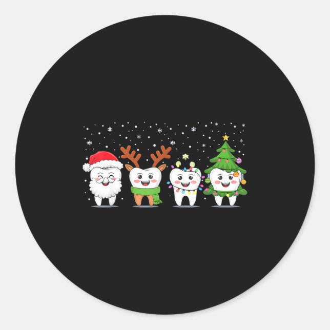 Cute Christmas Dental Tooth Characters Fun Holiday Classic Round Sticker (Front)