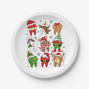 Cute Christmas Dental Tooth Characters Fun Holiday Paper Plate