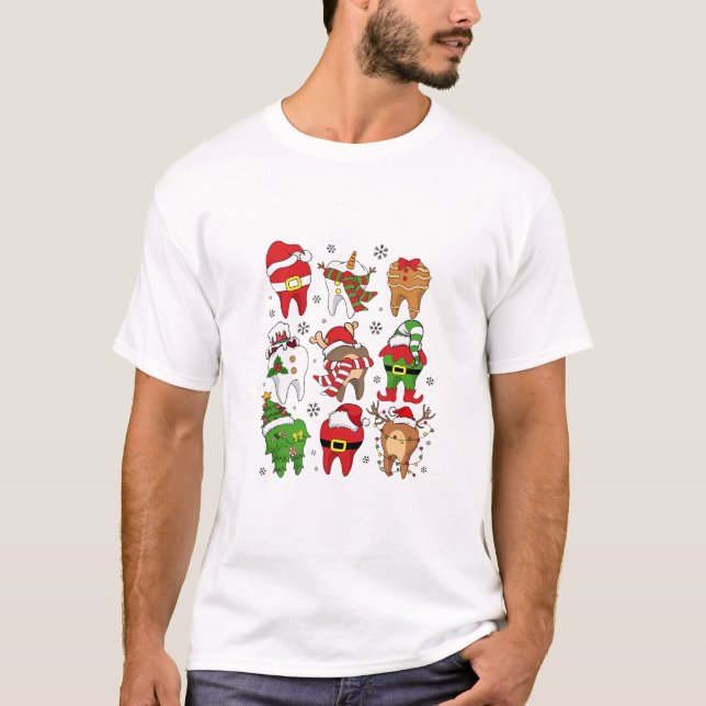 Cute Christmas Dental Tooth Characters Fun Holiday T-Shirt (Front)