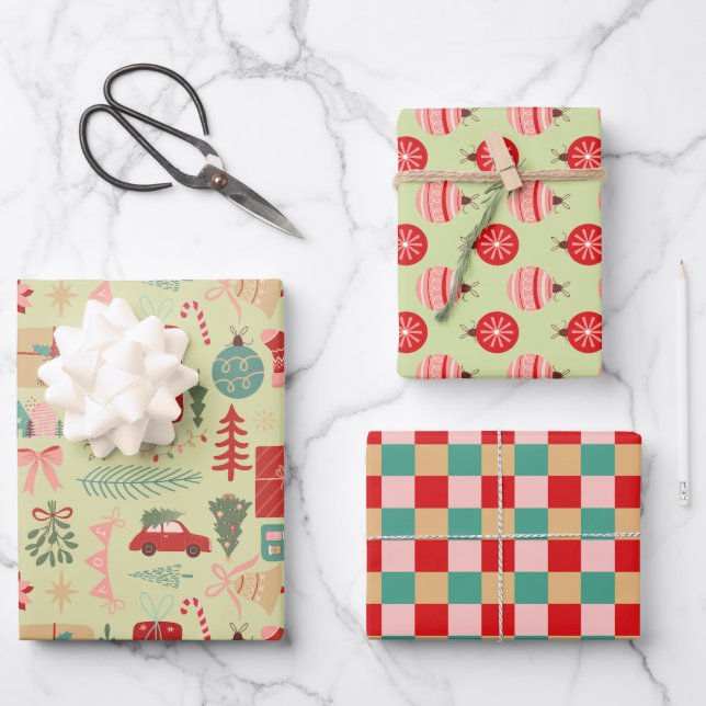 Cute Christmas Design Pink and Mint Green Preppy Wrapping Paper Sheet (Front)