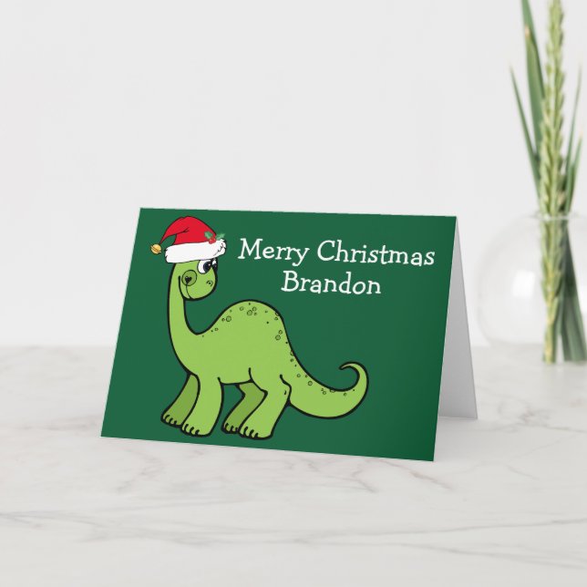 Cute Christmas Dinosaur in Santa Hat Custom Green Card (Front)