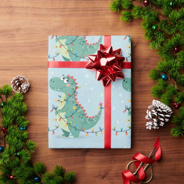 Cute Christmas Dinosaur Lights Kids Wrapping Paper (Holiday Gift)