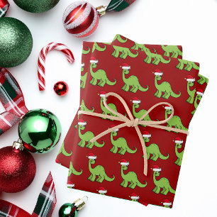 Cute Christmas Dinosaur Santa Red Kids Holiday Wrapping Paper Sheet
