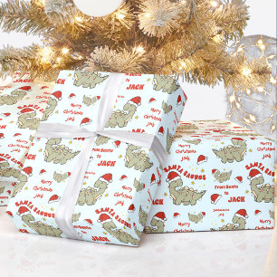 Cute Christmas Dinosaur Santasaurus Blue Name Wrapping Paper