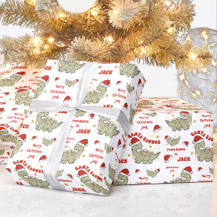 Cute Christmas Dinosaur Santasaurus Name Wrapping Paper