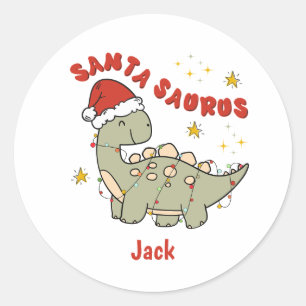 Cute Christmas Dinosaur Santasaurus Retro Name Classic Round Sticker