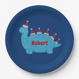 Cute Christmas Dinosaurs Festive Holiday Name Paper Plate