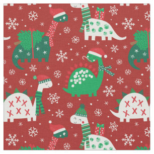 Cute Christmas Dinosaurs on bordeaux red Fabric