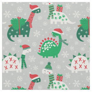 Cute Christmas Dinosaurs on grey Fabric