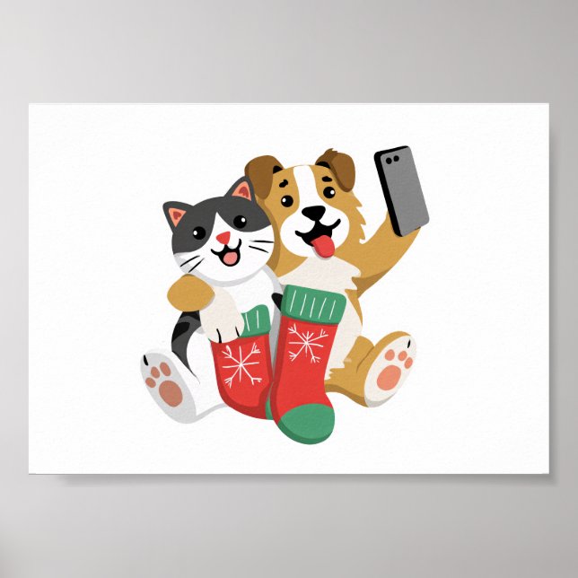 Cute Christmas Dog and Cat Selfie – Funny Holiday Poster (Front)
