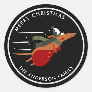 Cute Christmas Dog Customisable Black Classic Round Sticker