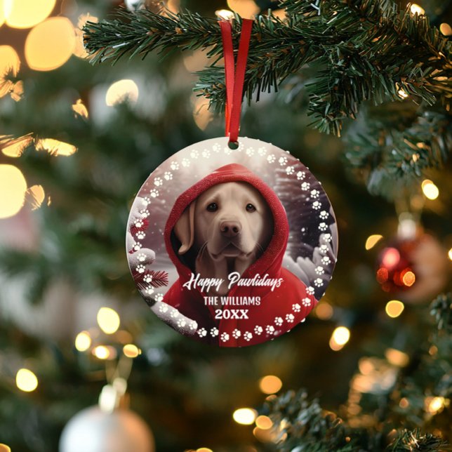 Cute Christmas Dog Happy Holiday 2-Sided 2-Photo  Ornament (Cute pet dog golden retriever first chirstmas photo ornament)