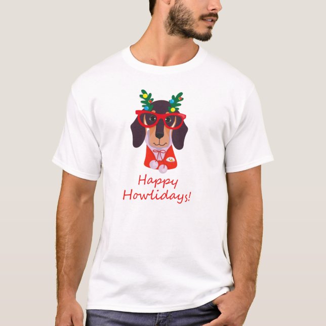 Cute Christmas Dog Howlidays Doxie Dachshund Funny T-Shirt (Front)