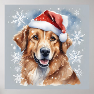 Cute Christmas Dog in Santa Hat and Snow Holiday  Poster