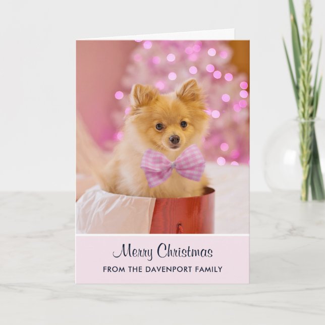 Cute Christmas Dog Photo with Pink Bow & Tree Card (Front)