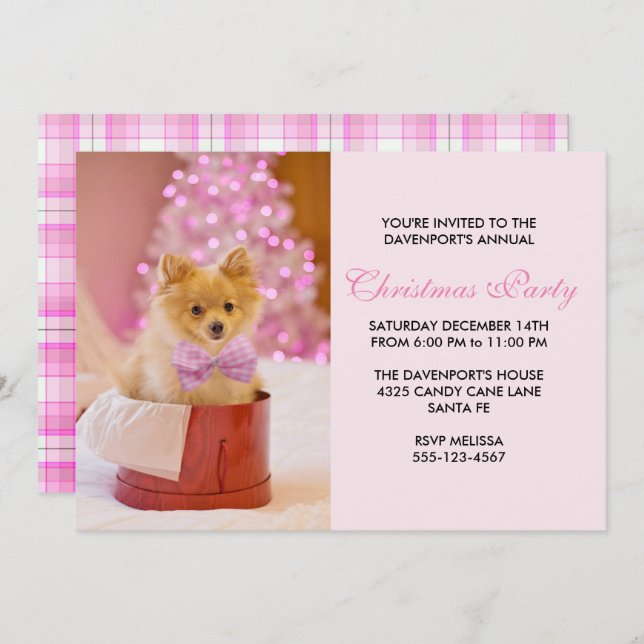 Cute Christmas Dog Photo with Pink Bow & Tree Invitation (Front/Back)