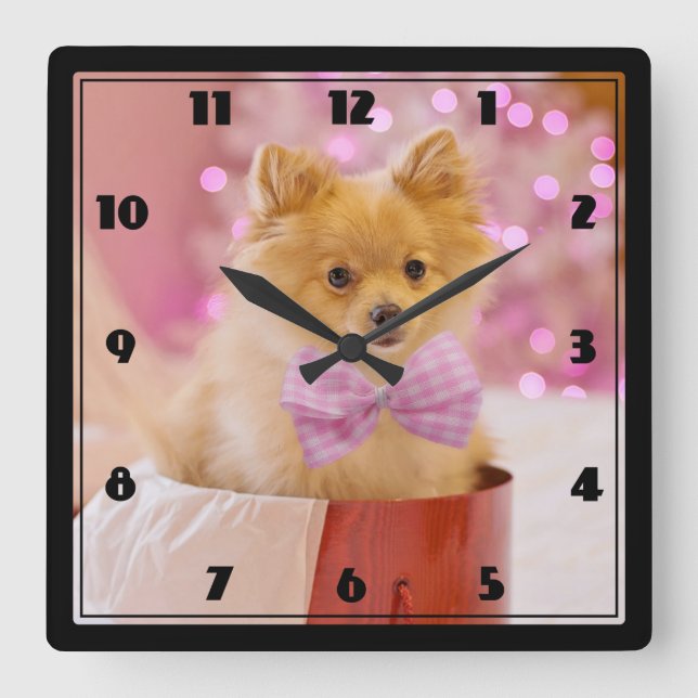Cute Christmas Dog Photo with Pink Bow & Tree Square Wall Clock (Front)