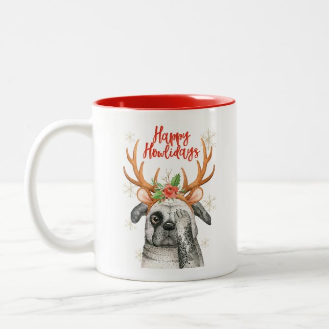 Cute Christmas Dog Pug two toned Mug (Left)