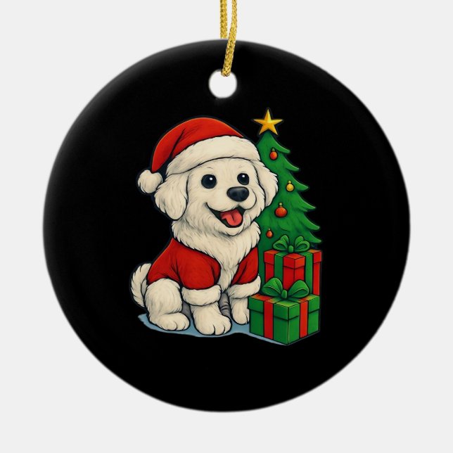 Cute Christmas Dog, Santa Hat Dog, With Christmas  Ceramic Ornament (Front)