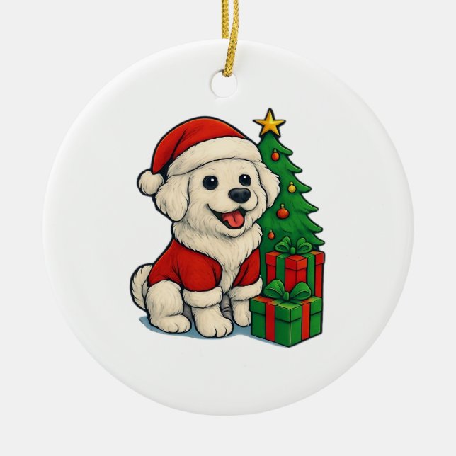 Cute Christmas Dog, Santa Hat Dog, With Christmas  Ceramic Ornament (Front)