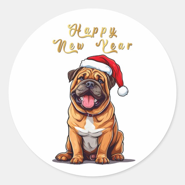 Cute Christmas Dog Wearing a Santa Hat Classic Round Sticker (Front)