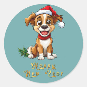 Cute Christmas Dog Wearing a Santa Hat Classic Round Sticker