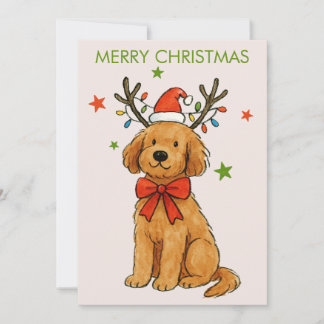 Cute Christmas Dog with Santa Hat & Lights  Holiday Card