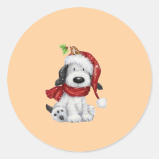 Cute Christmas Dog with Santa Hat & Scarf Classic Round Sticker