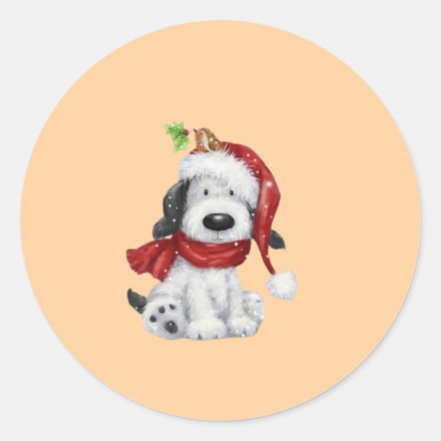 Cute Christmas Dog with Santa Hat & Scarf Classic Round Sticker (Front)