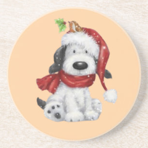 Cute Christmas Dog with Santa Hat & Scarf Coaster