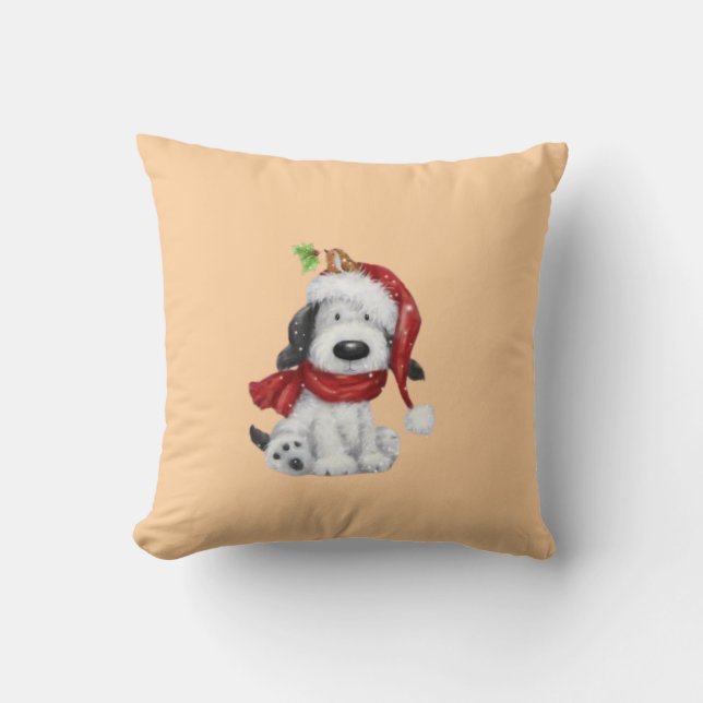 Cute Christmas Dog with Santa Hat & Scarf Cushion (Front)