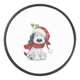 Cute Christmas Dog with Santa Hat & Scarf Hockey Puck