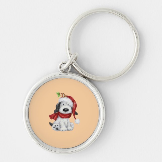 Cute Christmas Dog with Santa Hat & Scarf Key Ring (Front)