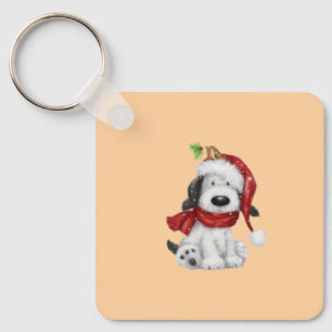 Cute Christmas Dog with Santa Hat & Scarf Key Ring